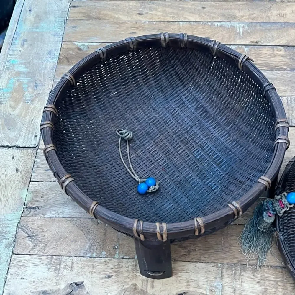 Antique Chinese Wicker Lidded Sewing Basket 7.5
